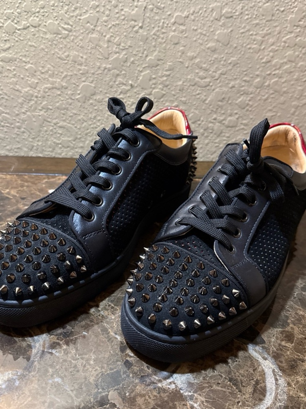 Christian Louboutin Black Spiked Low-Top Sneakers with Red Trim